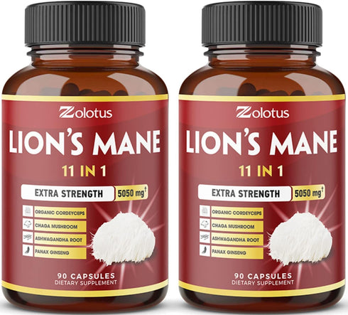 5X Potency 2 Packs 90 Capsules Lions Mane Mushroom Supplement, 5050mg, 6 Month Supply with Cordyceps, Reishi,