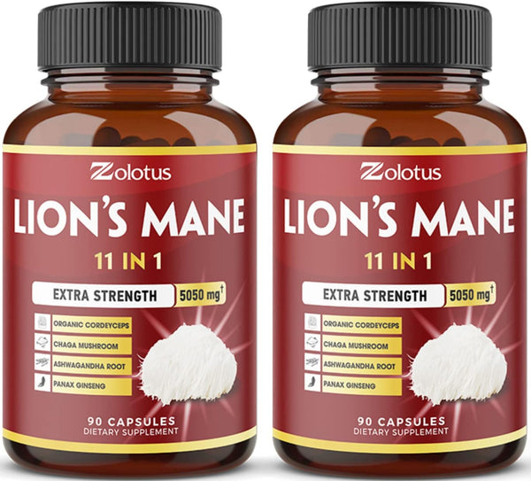 5X Potency 2 Packs 90 Capsules Lions Mane Mushroom Supplement, 5050mg, 6 Month Supply with Cordyceps, Reishi,