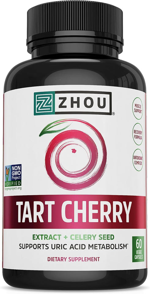 Zhou Tart Cherry Extract + Celery Seed, 1000mg Tart Cherry Capsules for Sleep & Uric Acid Cleanse, 60 Veggie Capsules