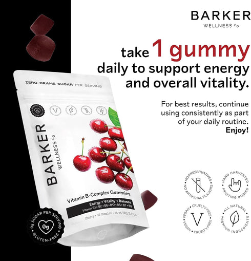 Gummies B1, B5, B6, B7 B9 B12 Barker Wellness Vegan B-Complex Comprehensive Energy & Metabolism Boost with Biotin