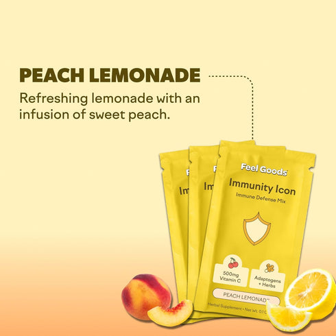 Feel Goods Immunity Icon - Sugar Free Vitamin C & Zinc Powder Packets, Peach Lemonade, 15 Count