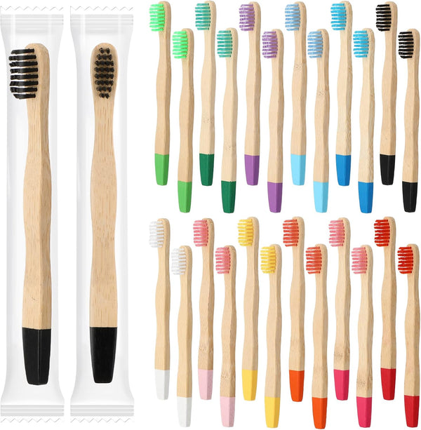 24 Pcs Kids Bamboo Toothbrushes, Soft Bristles BPA Free Wooden Handles for Toddler Oral Dental Care