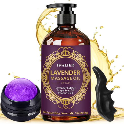 INALIER Massage Oil for Massage Therapy,Lavender Oil with Massage Roller Ball & Thumb