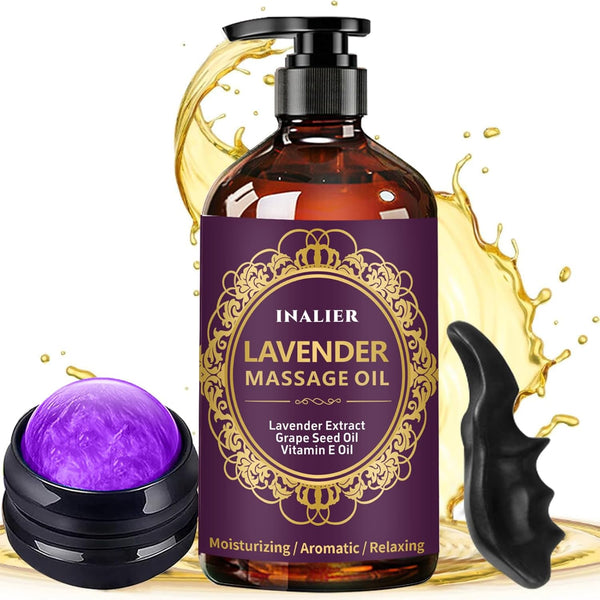 INALIER Massage Oil for Massage Therapy,Lavender Oil with Massage Roller Ball & Thumb