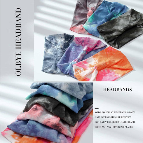 Olbye Women Wide Headbands Pack of 6, Knotted Tie Dye Turban Hair Wraps, Non-Slip Elastic Boho Sports Accessories