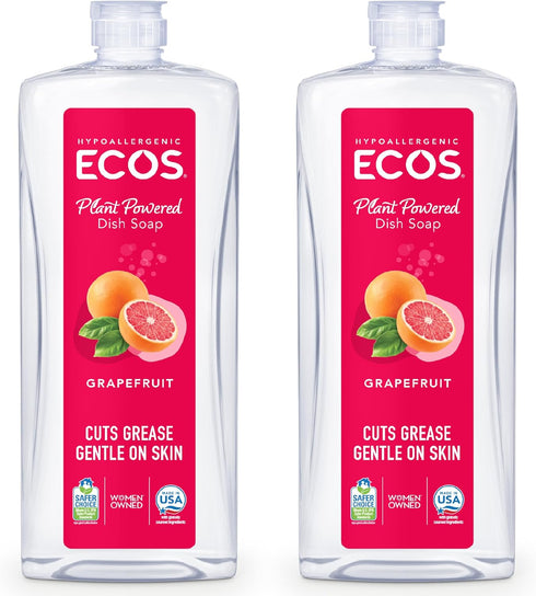 ECOS Dish Soap, Cuts Grease & Food Residue, Hypoallergenic for Sensitive Skin, Grapefruit (Pack of 2)