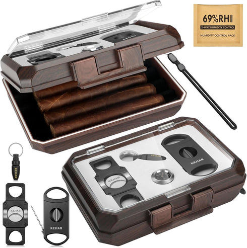 Cigar Humidor Set, Travel Humidor for Cigars, Includes 2 Cigar Cutters, Humidity Pack, Airtight Cigar Case (Dark)
