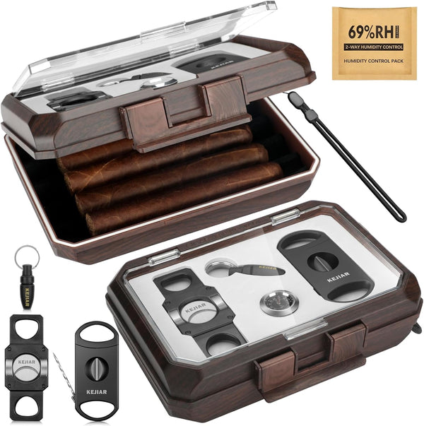 Cigar Humidor Set, Travel Humidor for Cigars, Includes 2 Cigar Cutters, Humidity Pack, Airtight Cigar Case (Dark)