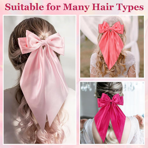 Large Pink Oversized Hair Bows, 4 Pack Satin Ribbons and Long Tail Barrettes for Women Girls