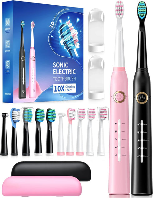 2 Pack Sonic Toothbrush - Electric Toothbrush for Adults with 40000VPM, 5 Modes, 12 Brush Heads, 2 Travel Cases