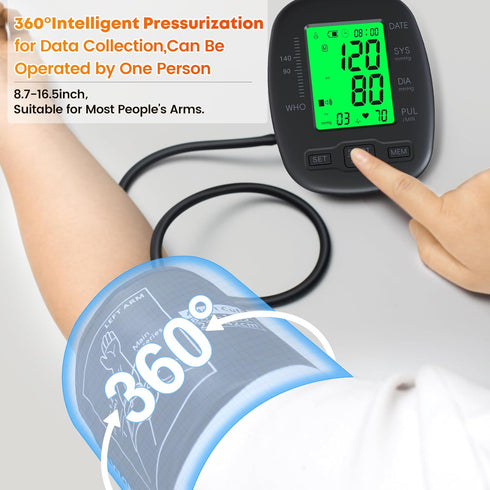 Blood Pressure Monitor Upper Arm, Adjustable 8.7"-16.5" Cuff, Backlit LCD Screen, 2x99 Memory, Talking Function Black