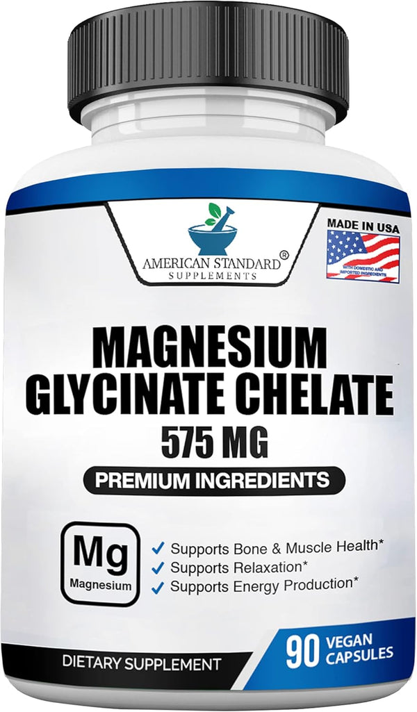 American Standard Supplements Magnesium Glycinate 575mg, 90 Veggie Capsules for Bone & Muscle Health, Chelated for
