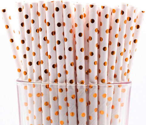 Pack of 150 Rose Gold Polka Dot Foil Biodegradable Paper Drinking Straws, 4-Ply, Compostable, Non-toxic
