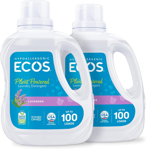ECOS Laundry Detergent Liquid, 200 Loads, Hypoallergenic, Plant-Powered, Lavender, 100 Fl Oz (Pack of 2)