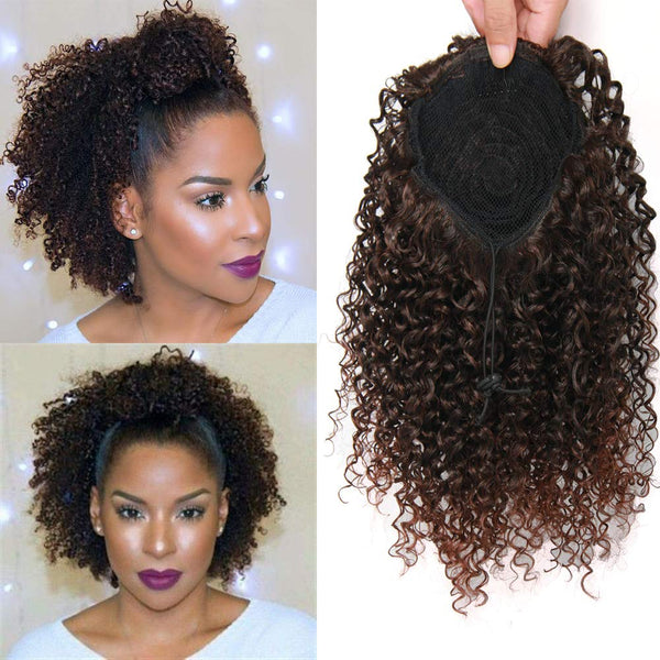 Short Afro Kinky Curly Ponytail Hair Piece for Women, Synthetic Extension in Mix Dark Brown (1B/33#)