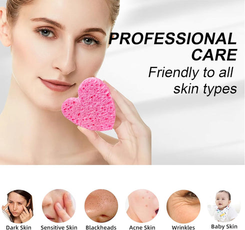 Women 60-Count Compressed Cellulose Heart Shape Face Sponges - 100% Natural Cosmetic Sponges for Cleansing &
