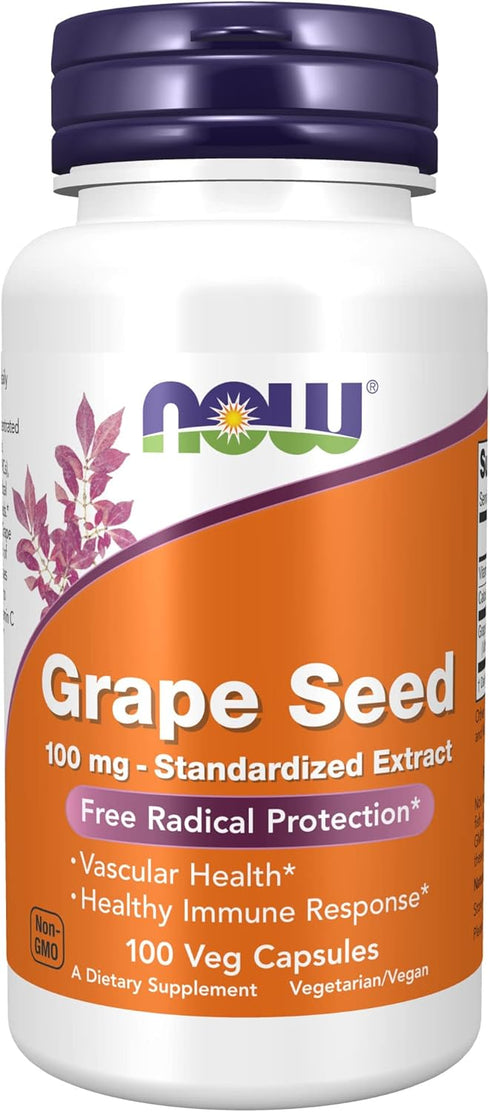 NOW Supplements Grape Seed 100 mg - Standardized Extract with Vitamin C, 100 Veg Capsules