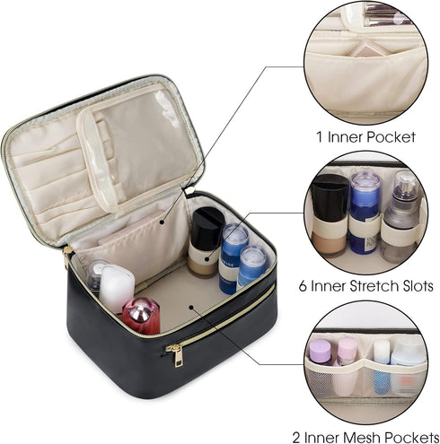 Makeup Bag, Travel Organizer Cosmetic Brush Case for Women in Vegan Leather, Black