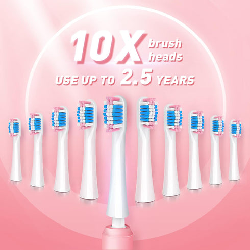 Electric Toothbrush for Adults, 10 Brush Heads, Rechargeable, 40000 VPM, 3 Modes, Smart Timer, Pink