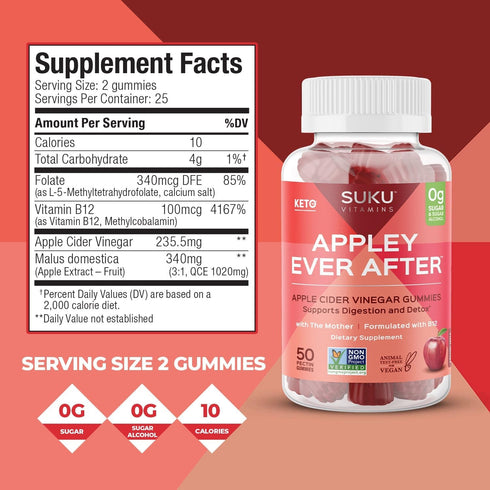 Appley Ever After - Methylated B12 Apple Cider Vinegar Gummies | 50 Count | Easy to Chew, Non-GMO, Gluten Sugar Free