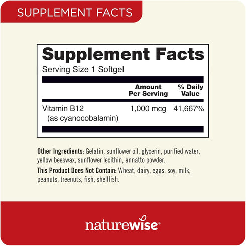NatureWise Vitamin B12 1000 mcg - 60 Softgels for Energy Levels, Mental Clarity, Nervous System Health, Gluten-Free,