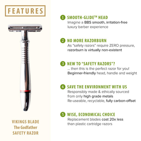 VIKINGS BLADE Double Edge Safety Razor for Men + Luxury Case + 5 Swedish Steel Blades, Classic 3-Piece