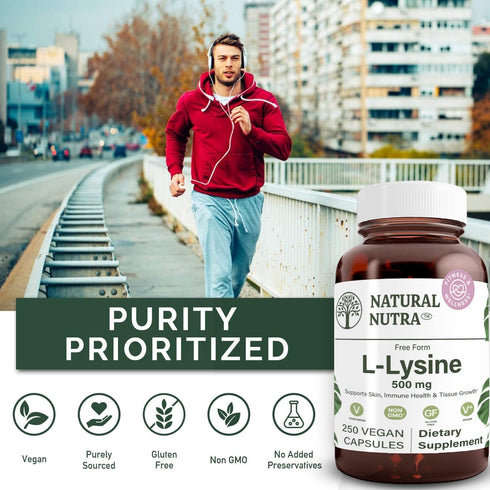 Natural Nutra L Lysine HCl, Promotes Bone Health, Non-GMO, Vegan, 500 mg, 250 Capsules