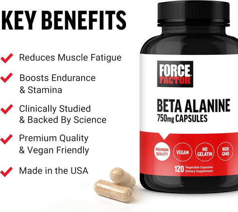 FORCE FACTOR Beta Alanine Capsules | Endurance Supplement to Boost Performance & Reduce Fatigue