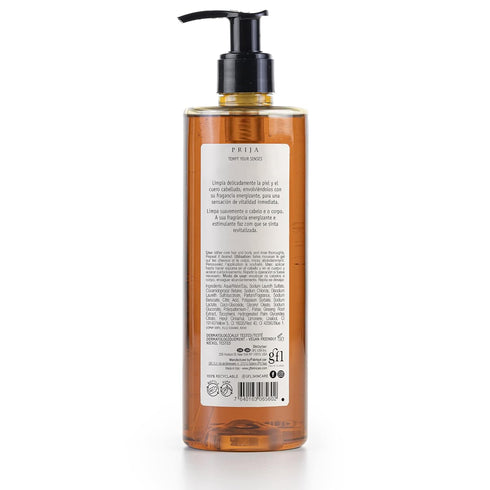 Prija Vitalizing Shower Gel & Shampoo with Ginseng (12.84 fl oz) - Toning and Revitalizing - Vegan Friendly - Dermatologically Tested - Made with 100% Recycled Bottle