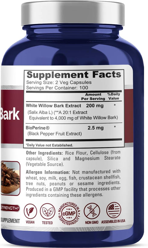 NusaPure White Willow Bark 4000mg, 200 Veggie Capsules, Max Strength, Non-GMO, Bioperine, Herb Extract