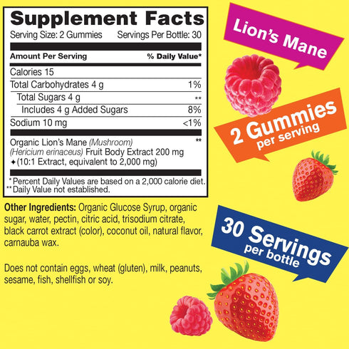 Lions Mane Gummies for Adults (2,000mg) | Lions Mane Supplement Memory and Focuse Support | Gluten Free, Non GMO | Berry Flavor | Lion's Mane Gummies 60 Count