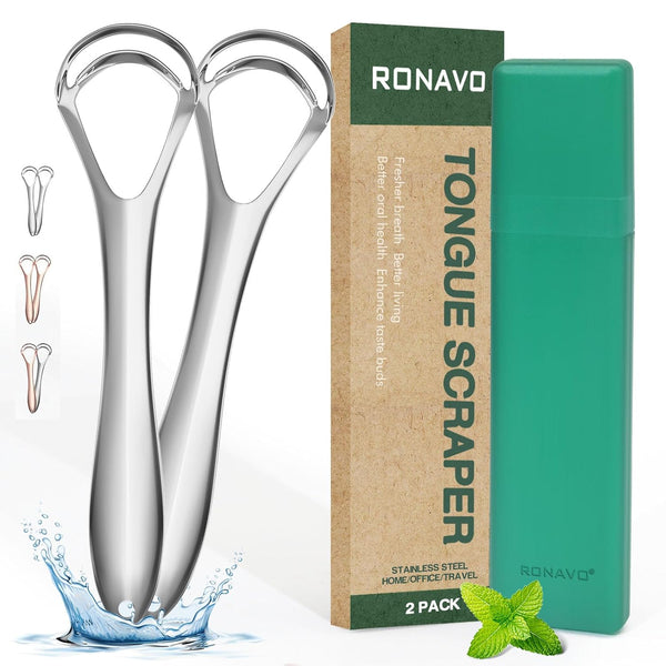 RONAVO Tongue Scraper for Adults, Stainless Steel Cleaner with Dual Scraping Head Design