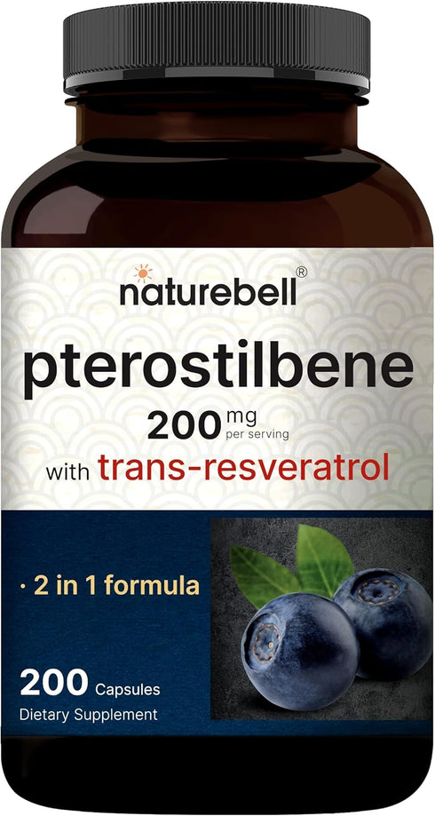 NatureBell Pterostilbene 200 mg Per Serving with Trans-Resveratrol 200 Capsules 2-in-1 Antioxidant