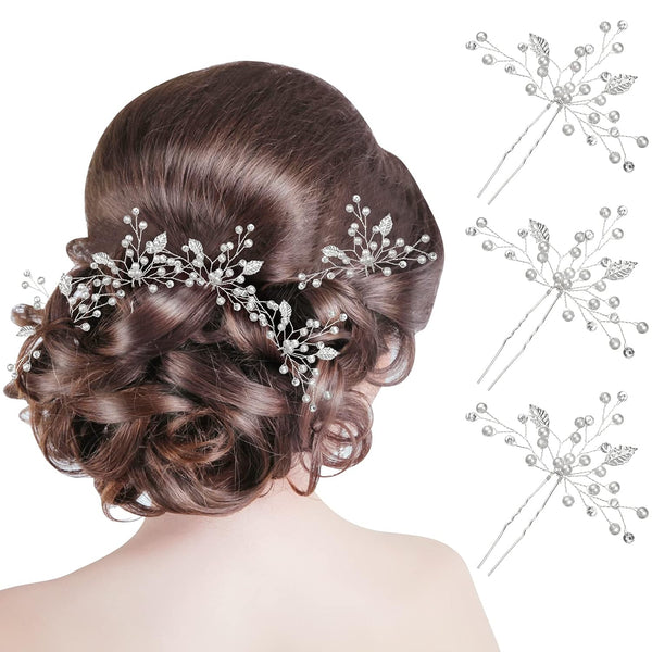 WILLBOND 8 Pcs Bride Wedding Pearls Hair Pins - Bridal Leaf Flower Wedding Hair Accessories Rhinestone Bridesmaid U