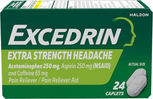 Excedrin Extra Strength Caplets for Headache Pain Relief, 24 Count, Acetaminophen 250mg, Aspirin 250mg, Caffeine 65mg