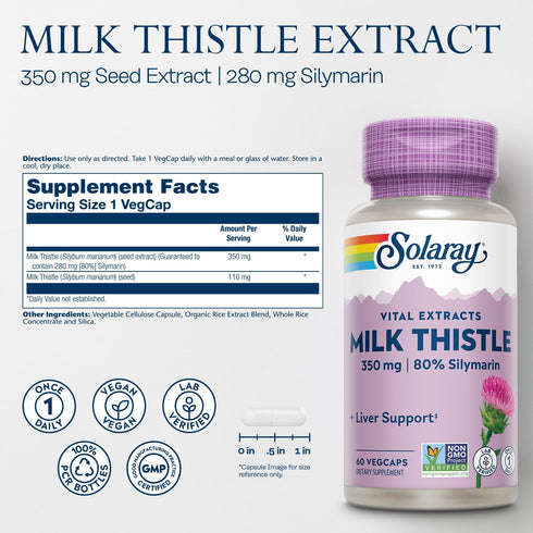 SOLARAY Milk Thistle Seed Extract 350 mg, 60 VegCaps, Vegan, 60 Servings, 80% Silymarin
