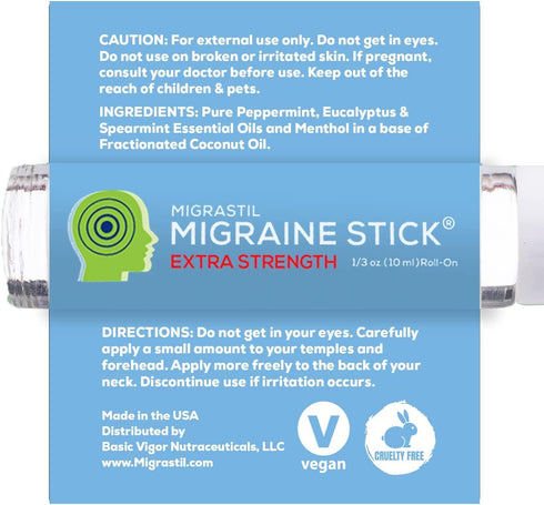 Basic Vigor Migrastil Extra Strength Migraine Stick - Strong Aromatherapy Roll On with Menthol, No Lavender