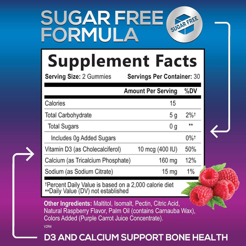 Sugar Free Calcium Gummy Bites Plus 400 IU Vitamin D3, Bone Health & Immune Support, Supports Bone Strength - Chewable Calcium Nutrition Supplement, Non-GMO, Berry Flavor Chews - 60 Gummies
