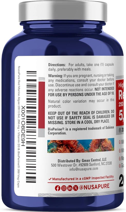 NusaPure Red Marine Algae 20:1 Extract - 250 mg Equivalent to 5,000 mg, 200 Veggie Capsules