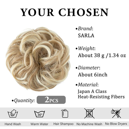 SARLA 2PCS Messy Hair Bun Hair Pieces, Wavy Curly Synthetic Updo Fake Scrunchies Ponytail Extension, Dirty Blonde
