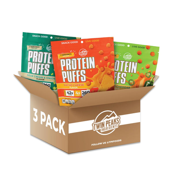 Twin Peaks Low Carb, Keto Friendly Protein Puffs, Combo Pack, 2.1 Ounce, 2 Servings, 3 Pack (60g, 42g Protein, 4g Carbs)