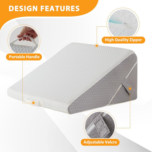 Bed Wedge Pillow for Sleeping, 9&12 Inch Adjustable Memory Foam Triangle Pillow for Back Pain Relief, White/Grey