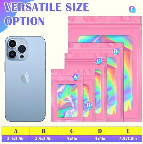 JETMORE 100 PCS Mylar Bags: Pink Holographic Smell Proof Resealable Bags for Small Business, 2.8x3.9in Foil Pouch Bags