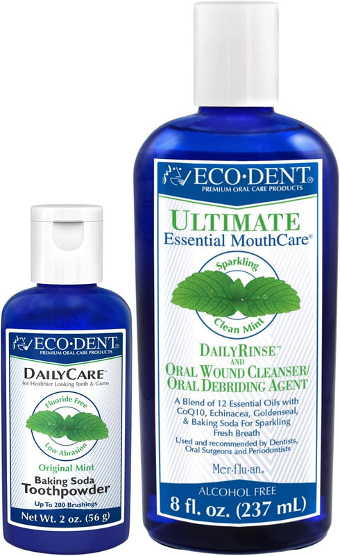 Eco-Dent Oral Care Bundle, 2 Piece Set: DailyCare Baking Soda Toothpowder & DailyRinse Oral Wound Cleaner