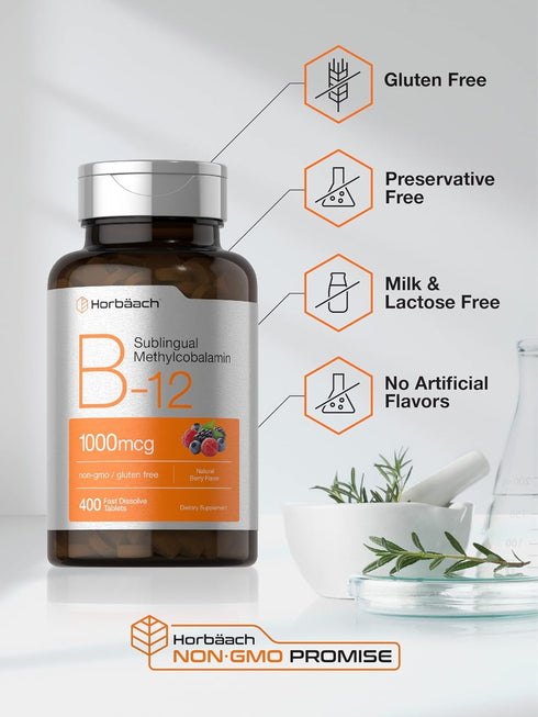 Horbaach Vitamin B12 Sublingual 1000 mcg, 400 Fast Dissolve Tablets, Natural Berry Flavor, Vegan, Gluten Free