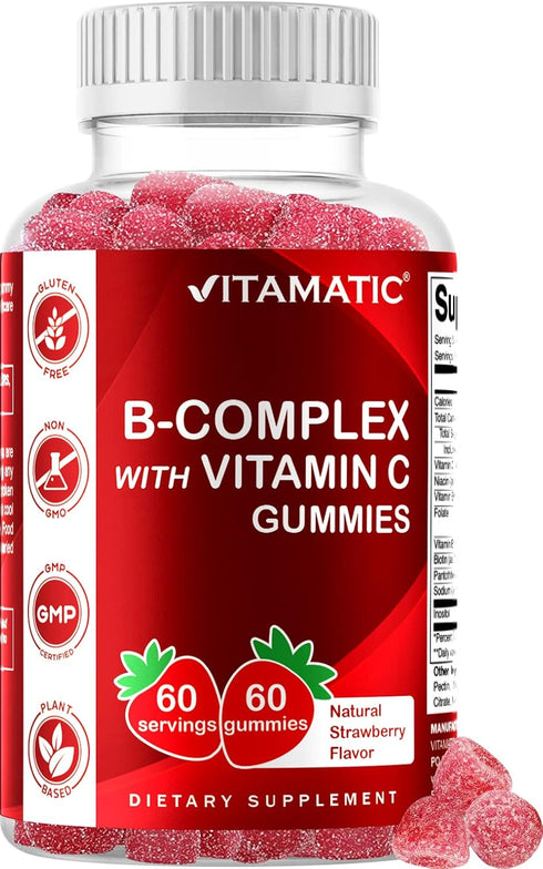Vitamatic Vitamin B Complex Gummies, 60 Strawberry Flavor Gummies with Vitamin C & Inositol