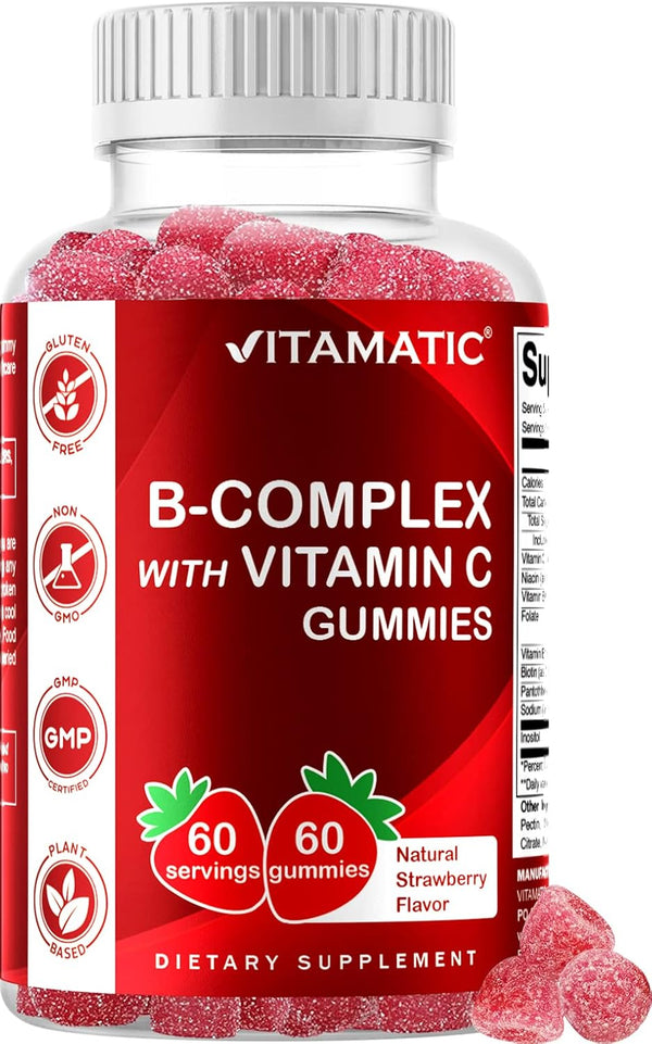 Vitamatic Vitamin B Complex Gummies, 60 Strawberry Flavor Gummies with Vitamin C & Inositol