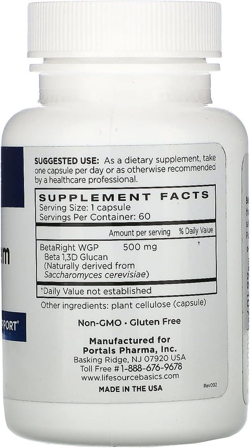 Life Source Basics Immune System Support Activator - 500 mg Beta 1,3/1,6 Glucan - Non-GMO & Vegan - 60 Capsules
