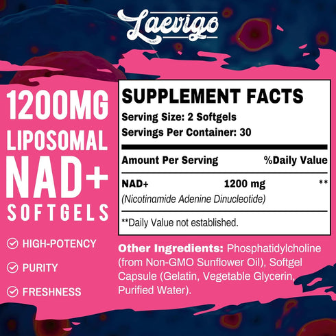 1200mg Liposomal NAD+ Supplement: Ultra Purity, Enhanced Absorption, Age Defense, 60 Softgels