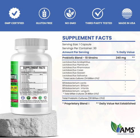 America Medic & Science Florabiotix Probiotic - 30 Capsules - 30 Billion Live Cultures for Digestive Health